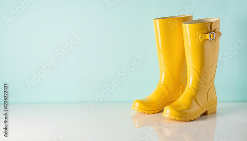 Vibrant yellow rain boots on reflective surface, minimalist elegance photo