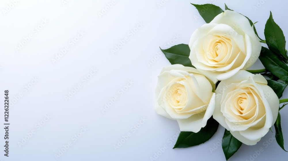 Three elegant white roses with soft yellow centers arranged on a light background, evoking tranquility Three elegant white roses with soft yellow centers arranged on a light background, evoking tranquility