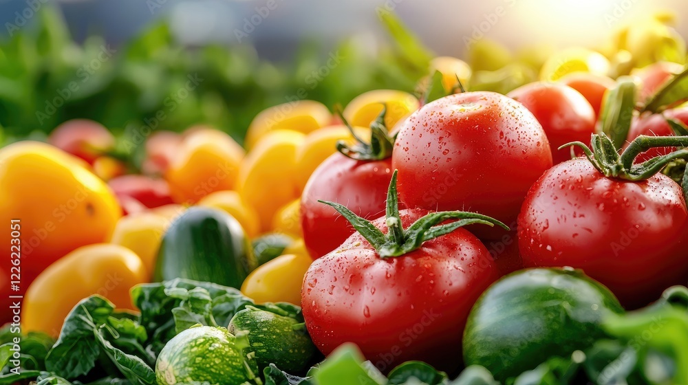 Fresh ripe tomatoes and vegetables in garden sunlight Fresh ripe tomatoes and vegetables in garden sunlight