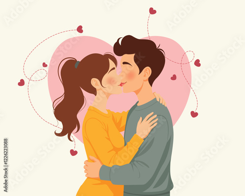 Loving Couple Kissing, Male and Female Characters Fall in Love, Young People Spend Time Together Flirting, Hugging. Cartoon Vector Illustration
