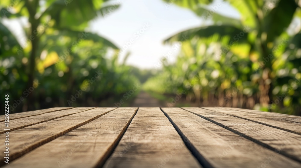 Wooden table overlooking a banana plantation during sunny weather Wooden table overlooking a banana plantation during sunny weather