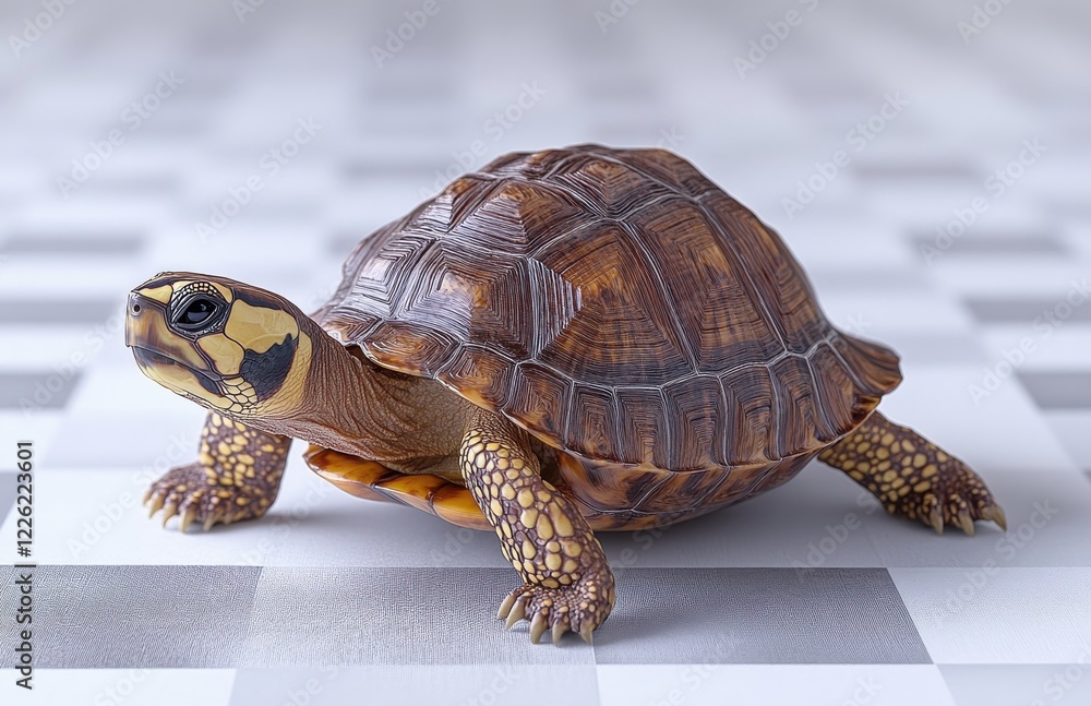 Obraz premium Realistic and Detailed Representation of a Tortoise on a Stylish Checkered Surface with Smooth Texture and Natural Colors