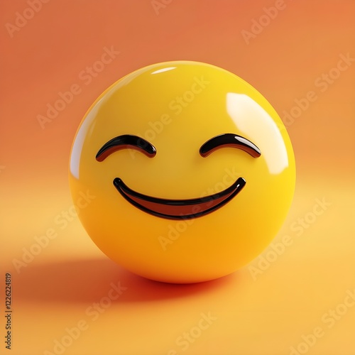 a yellow, glossy, spherical object with a smiling face, featuring closed eyes and a curved mouth, set against an orange background.