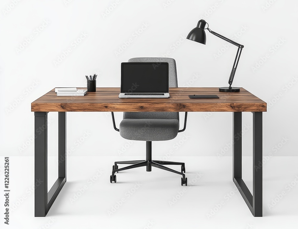 Modern minimalist home office workspace with laptop, desk lamp, and gray chair. Modern minimalist home office workspace with laptop, desk lamp, and gray chair.