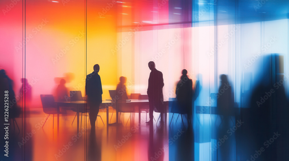 Business professionals engage in collaborative meetings inside a modern office with colorful lighting effects during the late afternoon hours Business professionals engage in collaborative meetings inside a modern office with colorful lighting effects during the late afternoon hours