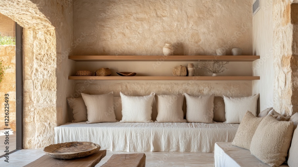 Fototapeta premium A Serene, Minimalist Living Space With Neutral Tones, Featuring A Built-In Bench, Shelves, And Textured Accents. The Room Exudes Calmness And Sophistication.