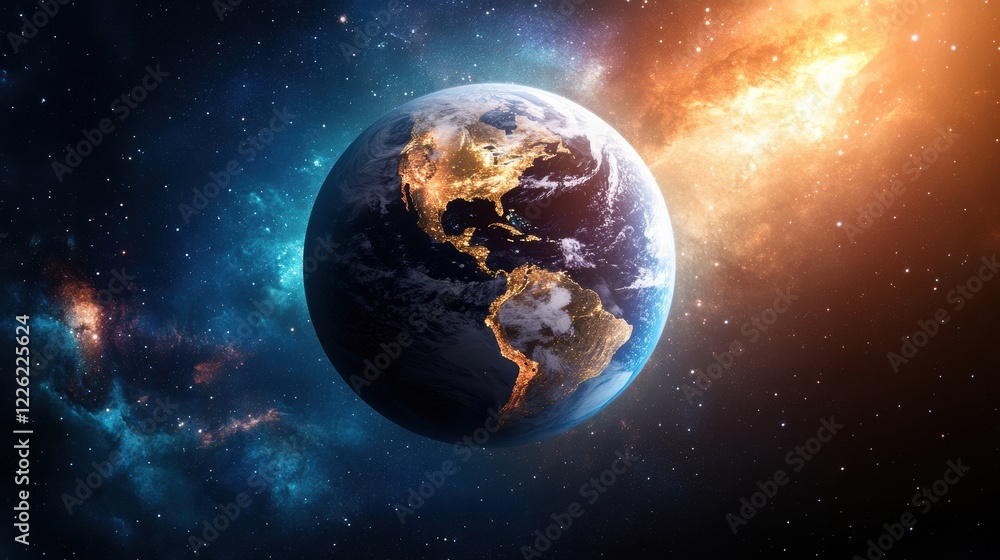Obraz premium Planet earth in cosmic space a stunning visual of our world surrounded by stars and galaxies universe night sky awe-inspiring view