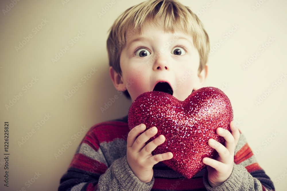 Youth valentine's day greeting card: juvenile boy with startled face holds red heart in hands. Sign of love and affection. Commercial ad conceptual art artwork. Valentine's day couple. Youth valentine's day greeting card: juvenile boy with startled face holds red heart in hands. Sign of love and affection. Commercial ad conceptual art artwork. Valentine's day couple.