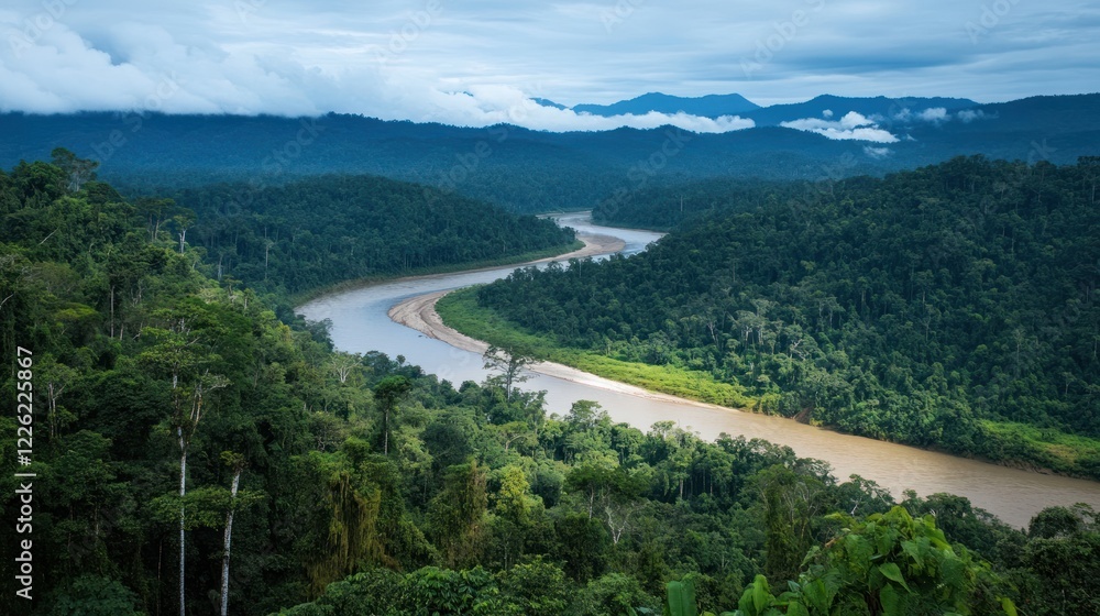 A winding river flows through a lush green tropical rainforest with misty mountains in the background A winding river flows through a lush green tropical rainforest with misty mountains in the background