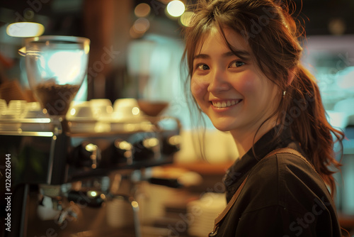 Photography of a young Canada cafe worker at his workplace in the background.