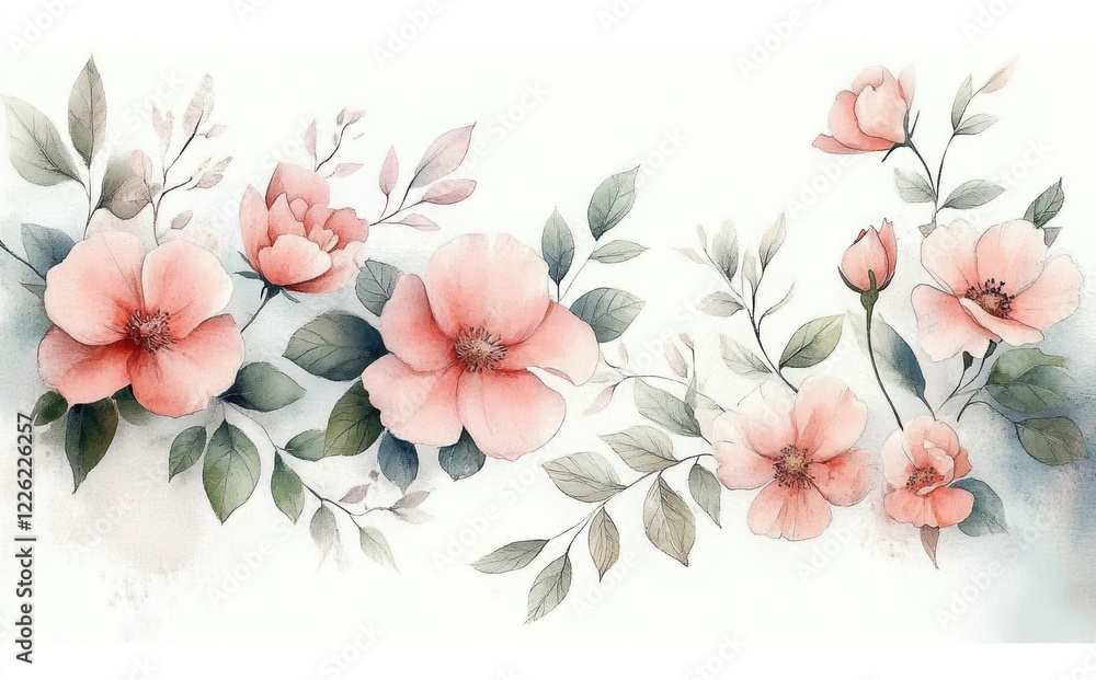 Fototapeta premium Watercolor Pink Roses and Garden Flowers with Green Leaves and Branches for Floral Decoration