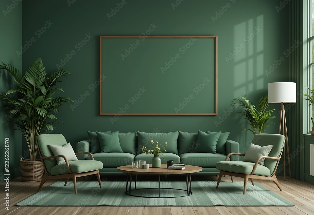 Green Living Room Interior Design With Sofa And Armchairs Green Living Room Interior Design With Sofa And Armchairs