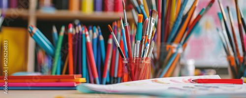 Assortment of colorful paintbrushes and crayons in a jar sit on a desk, ready to be used