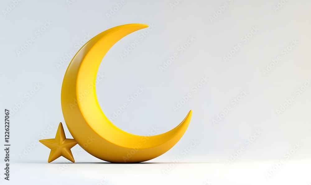 Golden crescent moon star 3D render, light background, holiday greeting