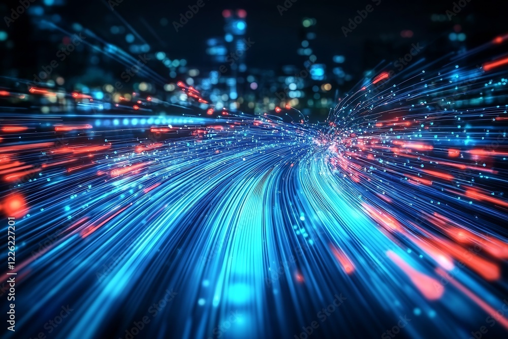 Dynamic Light Trails Across Cityscape Showcasing Fast Data Transmission and Urban Technology : Generative AI