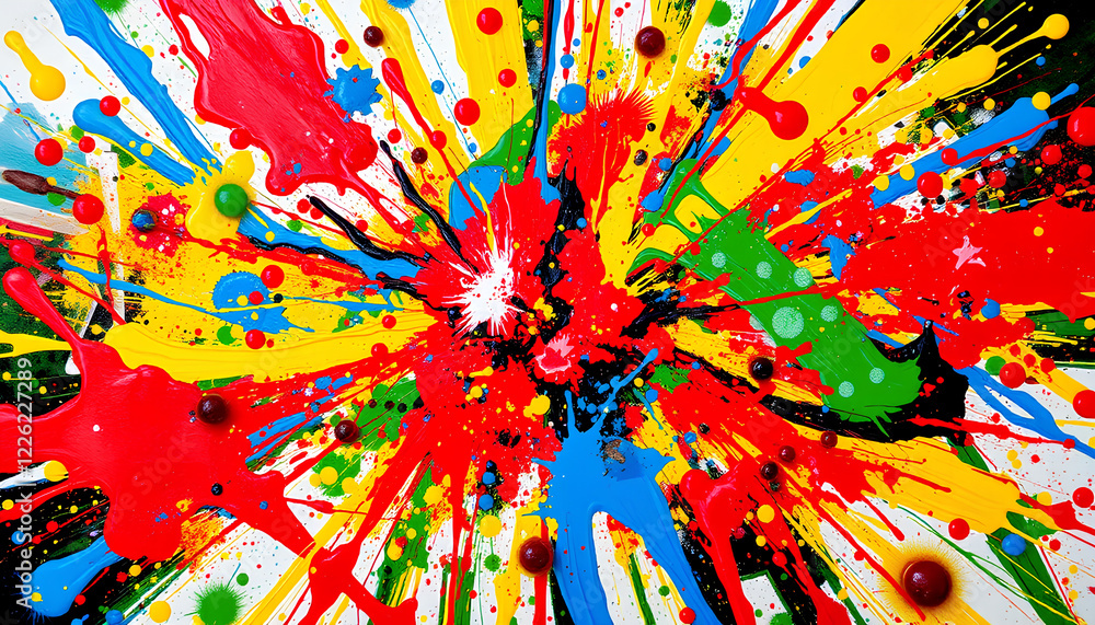 A vibrant explosion of paint splashes and strokes, merging vivid colors like red, blue, yellow, and green into a symphony of artistic chaos A vibrant explosion of paint splashes and strokes, merging vivid colors like red, blue, yellow, and green into a symphony of artistic chaos