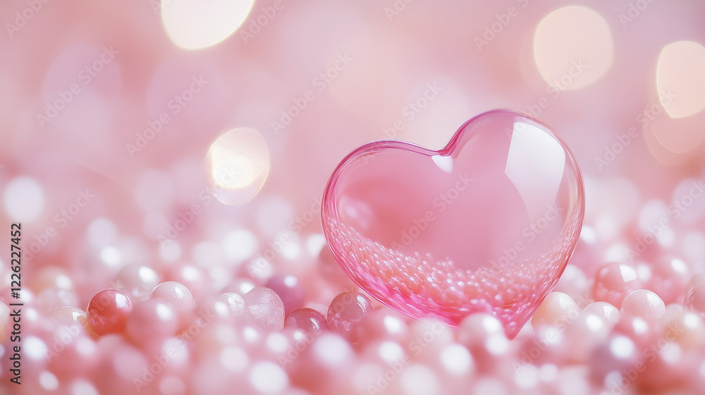 Heart-shaped decorative object resting on a bed of pearls in soft pink hues creates a romantic and dreamy ambiance, ideal for creative projects and celebrations Heart-shaped decorative object resting on a bed of pearls in soft pink hues creates a romantic and dreamy ambiance, ideal for creative projects and celebrations