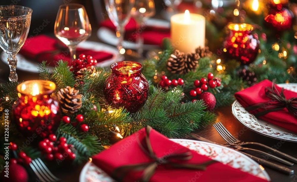 Christmas Dinner Table Setting with Pine Centerpiece and Candles Christmas Dinner Table Setting with Pine Centerpiece and Candles