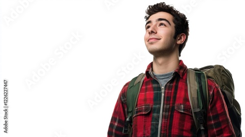 Young Adventurer with Backpack Smiling and Gazing Upwards Innovatively photo