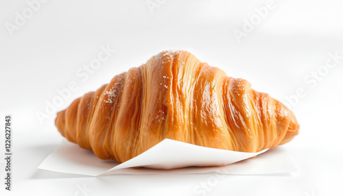 A crispy croissant, golden and flaky, placed on a white paper napkin against a white background