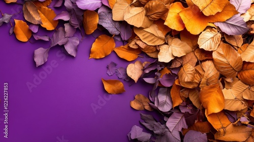 Falling autumn leaves nature scene colorful leaves on purple background close-up view seasonal beauty