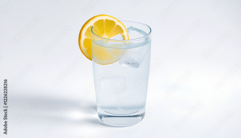 A glass of sparkling water with ice cubes and a slice of lemon, beautifully lit with soft highlights, on a white background A glass of sparkling water with ice cubes and a slice of lemon, beautifully lit with soft highlights, on a white background