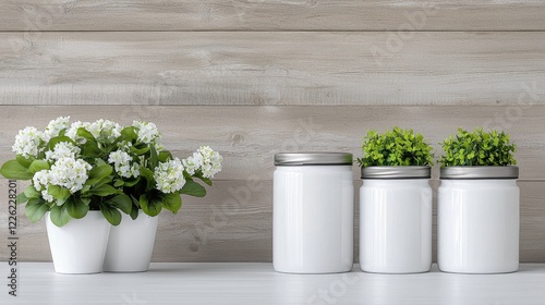 Wallpaper Mural White jars and flowers on wooden background; home decor, mockup Torontodigital.ca