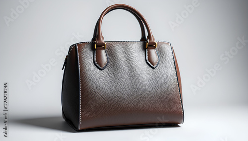 A luxury handbag with fine stitching details, softly illuminated to emphasize its texture, placed against a white background photo