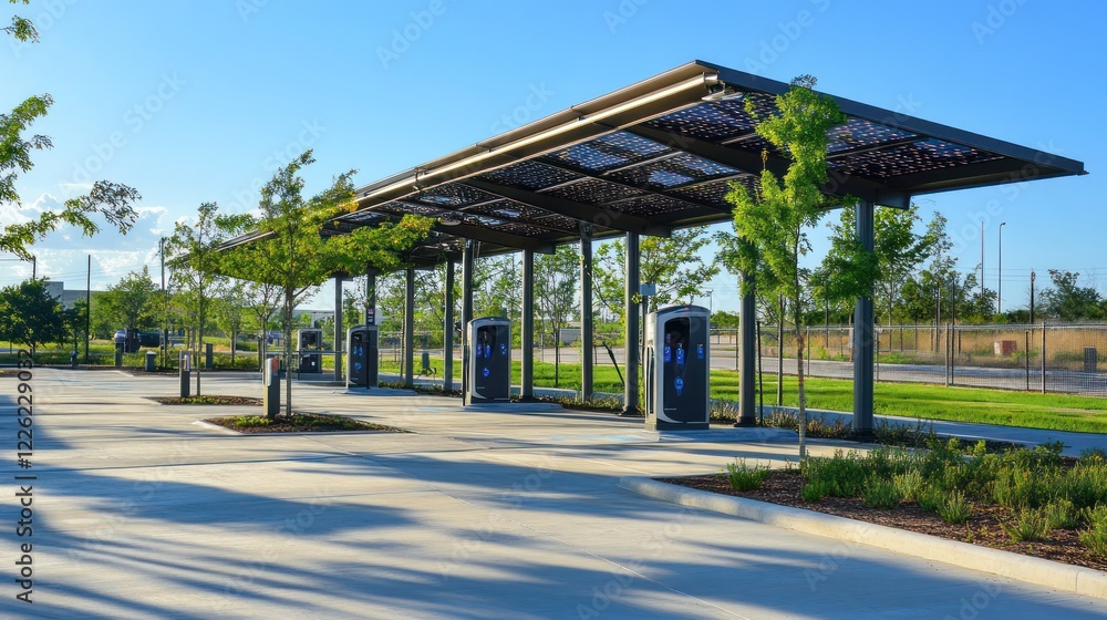 Electric vehicle charging station under a shaded structure with green trees and a clear sky