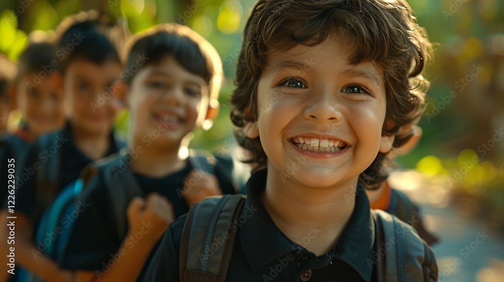 Joyful boy beams while strolling to school with his pals Joyful boy beams while strolling to school with his pals