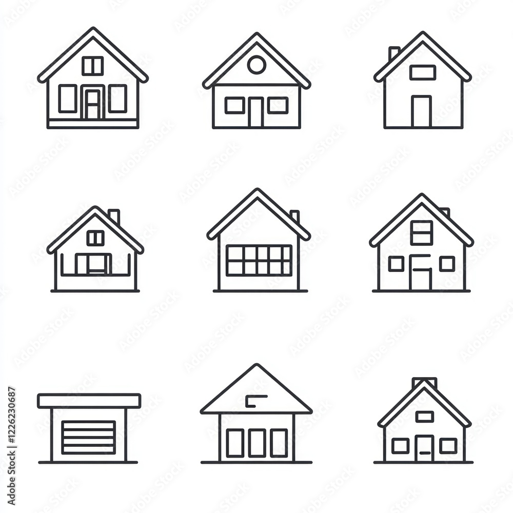 Nine Simple Line Drawings of Houses and a Garage Nine Simple Line Drawings of Houses and a Garage