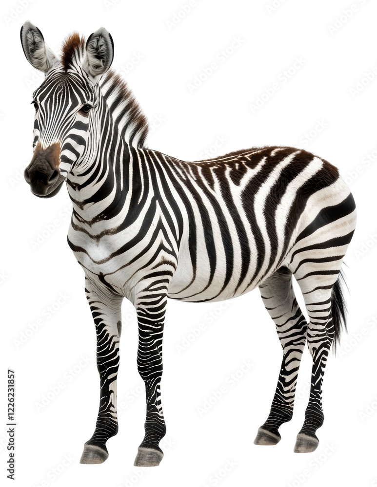 Fototapeta premium Zebra poised against white backdrop isolated on transparent background