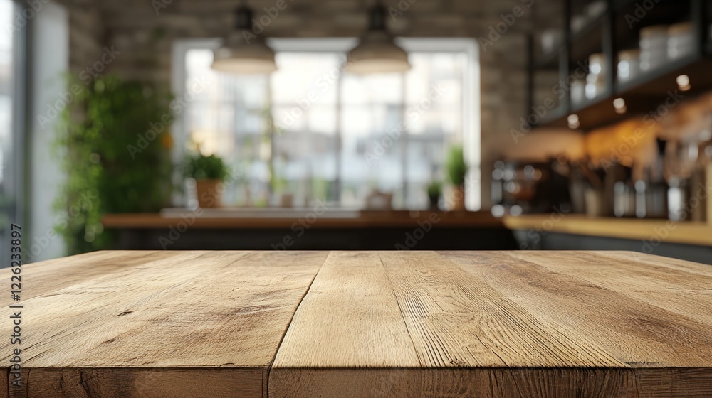 Empty wooden table in blurred modern kitchen. Empty wooden table in blurred modern kitchen.