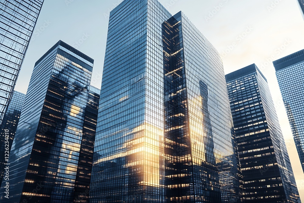 Fototapeta premium Skyscrapers reflecting golden sunlight in urban downtown area for modern architectural concepts and cityscapes : Generative AI