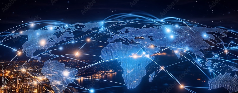 Fototapeta premium Global Digital Communication Network at Night with Abstract World Map and Light Connections : Generative AI
