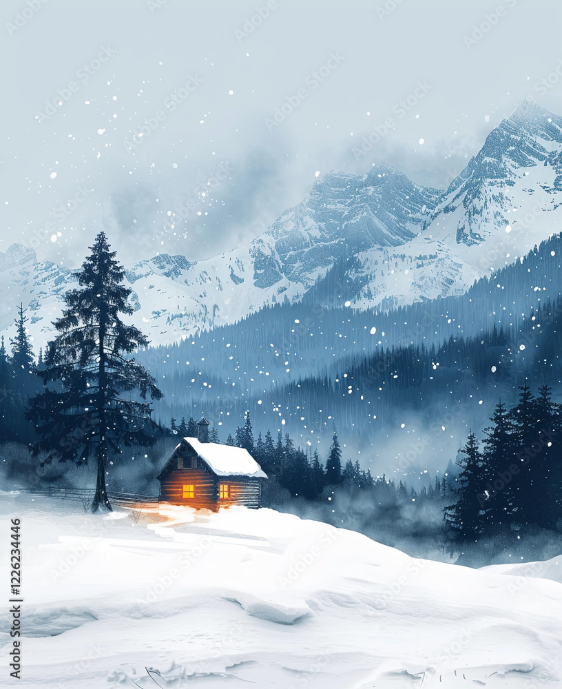 Naklejka premium Minimalist Winter Landscape: Snowy Mountains, Cozy Cabin with Glowing Windows, Single Pine Tree, Soft Falling Snow, Muted Cool Tones, Warm Light, Serene Composition
