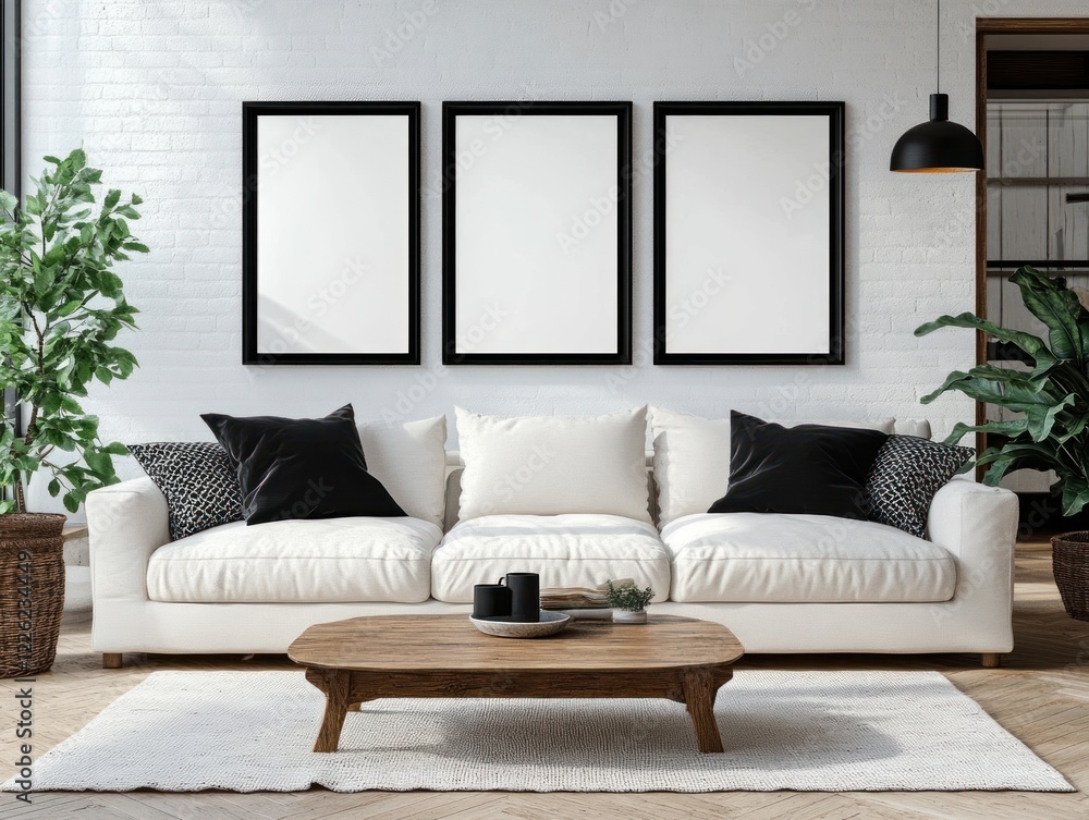 Fototapeta premium Scandinavian Living Room Interior with Cozy Couch and Minimalist Decor