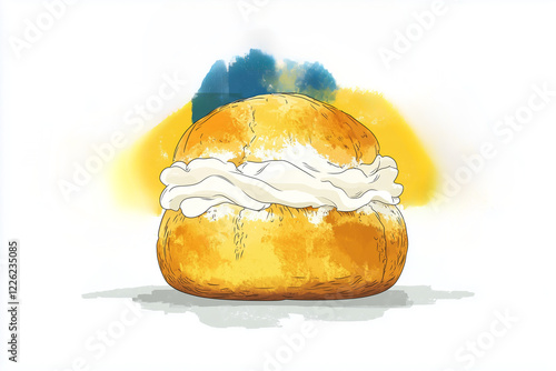 Swedish semla, traditional cream-filled bun, illustrated in watercolor style, celebrating Fettisdagen, also known as Shrove Tuesday and Mardi Gras. photo