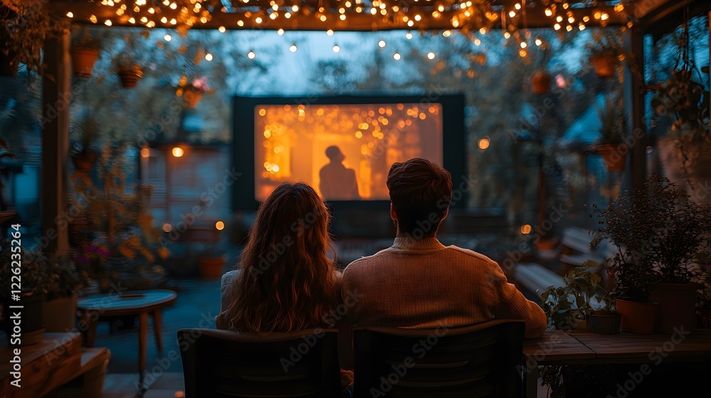 Couple Watching a Movie in a Cozy Outdoor Cinema Under String Lights Couple Watching a Movie in a Cozy Outdoor Cinema Under String Lights