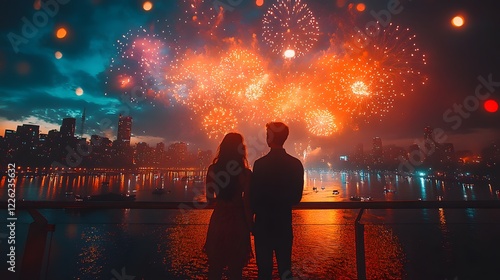 Wallpaper Mural Couple Enjoying a Breathtaking Fireworks Show Over a Waterfront Cityscape Torontodigital.ca