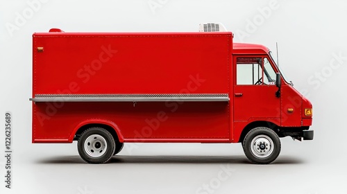 A side view of a bright red food truck, designed for mobile food service.
