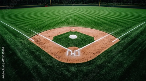 Aerial view of a baseball diamond with well-maintained grass and infield area.