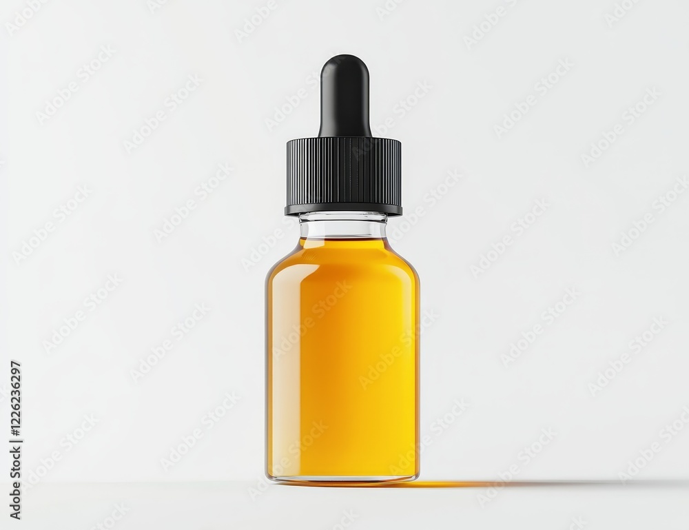 Amber glass bottle with dropper, filled with golden liquid, isolated on white. Amber glass bottle with dropper, filled with golden liquid, isolated on white.