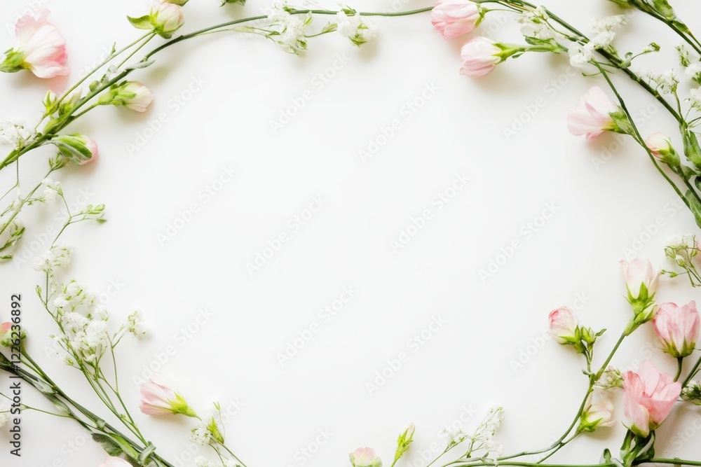 Delicate pink and white flowers arranged in a circular pattern on a light background for artistic decoration Delicate pink and white flowers arranged in a circular pattern on a light background for artistic decoration