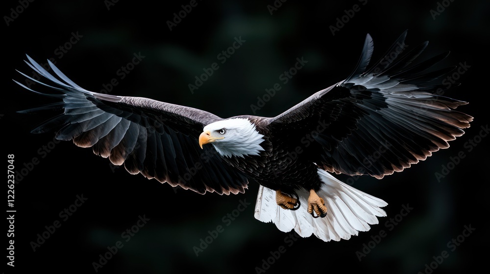Obraz premium A majestic eagle soaring through the air with outstretched wings against a dark background.
