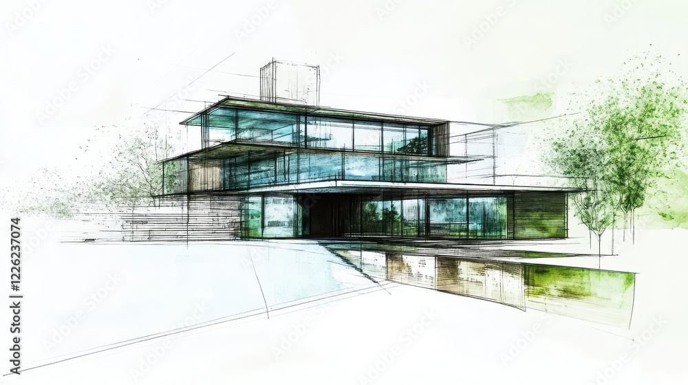 modernist ecohome design rendered in precise architectural lines sustainable features highlighted in green and blue washes modernist ecohome design rendered in precise architectural lines sustainable features highlighted in green and blue washes
