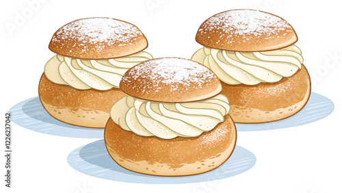 Traditional Swedish semlor, cream-filled buns dusted with powdered sugar, enjoyed during Fettisdagen, also known as Shrove Tuesday and Mardi Gras.