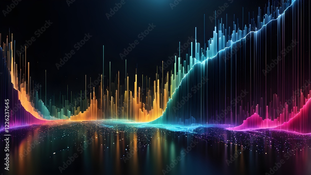 Abstract colorful 3D rendering of a dynamic data visualization with glowing lines forming a rising graph over a sparkling surface.