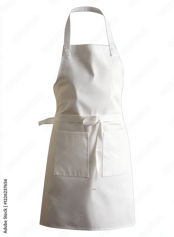 White cotton apron with two pockets and neck strap, isolated on white background. White cotton apron with two pockets and neck strap, isolated on white background.