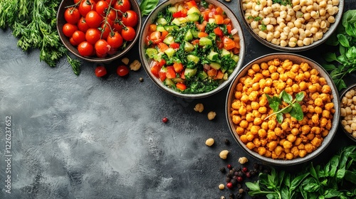 Fresh vegetable and chickpea bowls arranged on a dark stone surface, showcasing vibrant ingredients photo